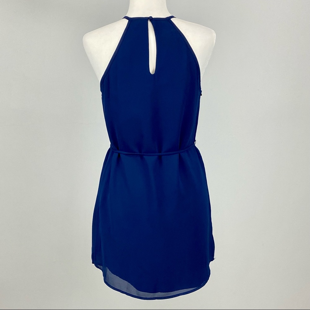 Leeli Lou Womens Sleeveless Halter Mini Dress Blue Chiffon Belted size Small - Picture 7 of 11
